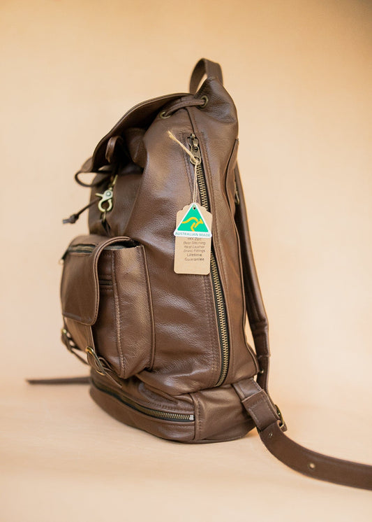 The Real McCaul Back Packs Large Deluxe Travel Laptop Backpack - Cowhide - Chestnut Australian Made Australian Owned Leather Laptop/Travel Backpack Handmade in Australia- Kangaroo & Cowhide Leather