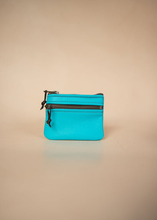 The Real McCaul Coin Purse Aqua Mini Paula Zip Pouch - Kangaroo Australian Made Australian Owned Paula Zip Leather Pouch Purse- Made in Australia Cowhide leather