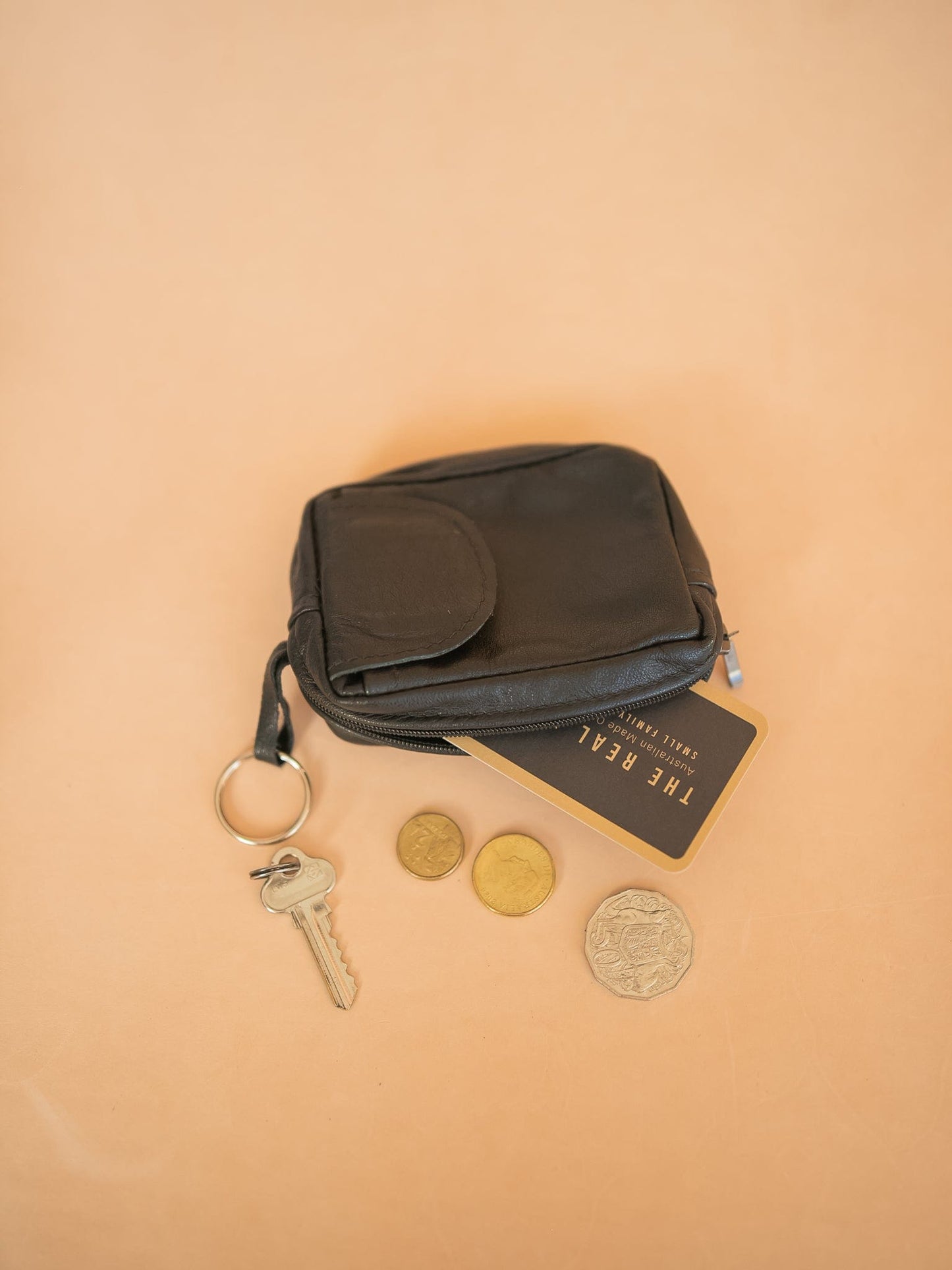 The Real McCaul Coin Purse Key Case Card Holder Wallet - Cowhide Australian Made Australian Owned Tri-Pocket Leather Pouch