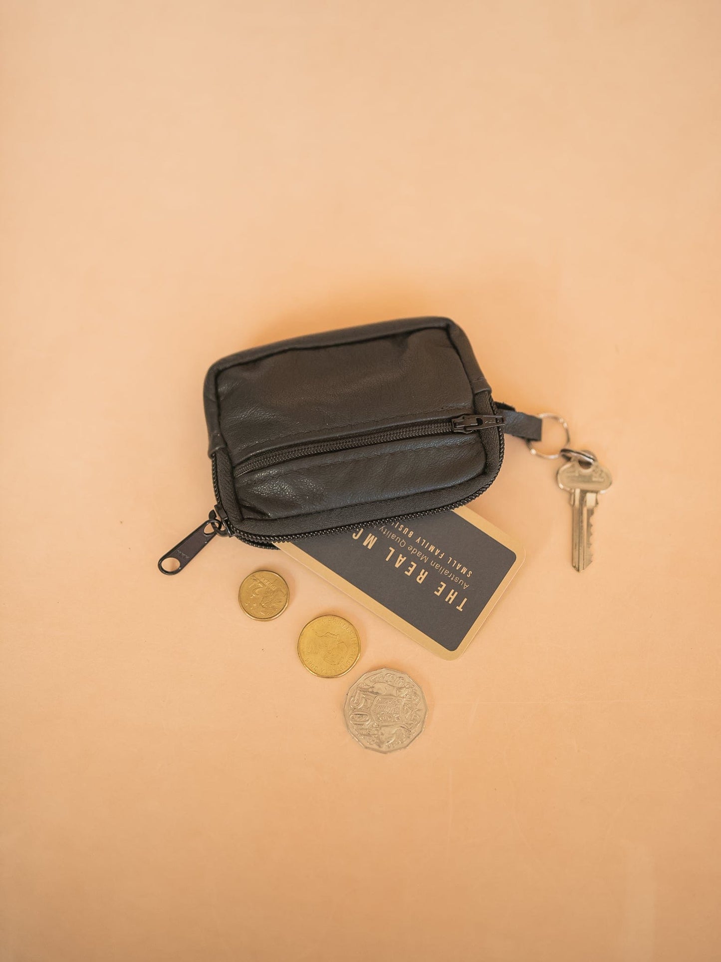 The Real McCaul Coin Purse Small / Black Key Case Card Holder Wallet - Cowhide Australian Made Australian Owned Tri-Pocket Leather Pouch