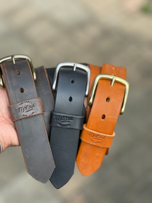 The Real McCaul Leathergoods Belts Legacy Belt 38mm - Tan Australian Made Australian Owned Solid Leather Men's Belt - Handmade in Australia - Black - Brass Buckle