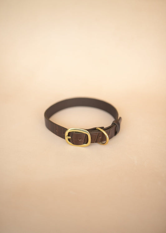 The Real McCaul Leathergoods Pet Collars & Harnesses Embossed Dog Collar - Croc Print - 25mm - Dark Brown Australian Made Australian Owned Leather Dog Collar with Brass Fittings- Australian Made