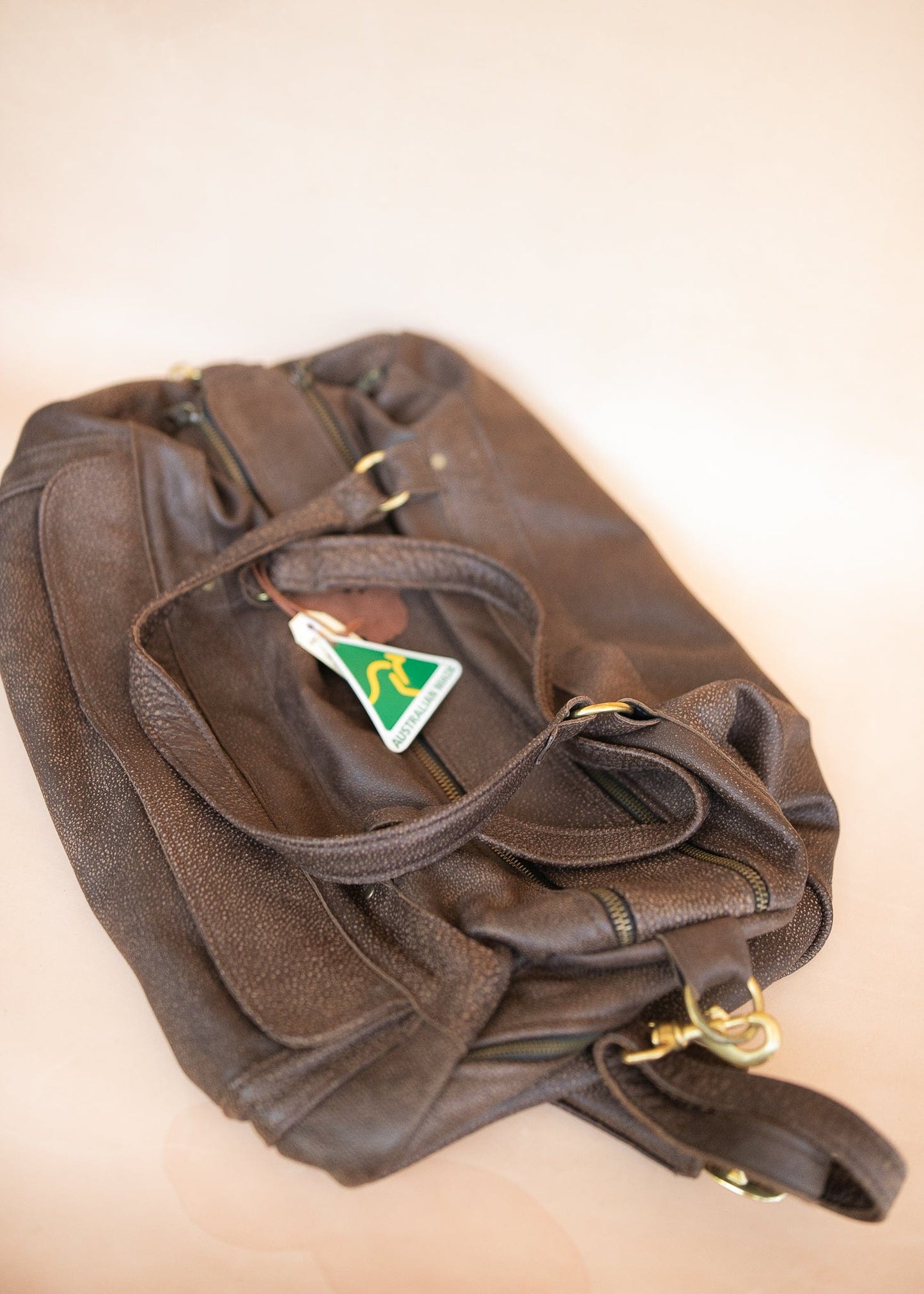 The Real McCaul Travel Bag Classic Overnight Travel Bag - Cowhide - Mottle Brown Australian Made Australian Owned Large Overnight Travel Duffel Bag Leather Made in Australia
