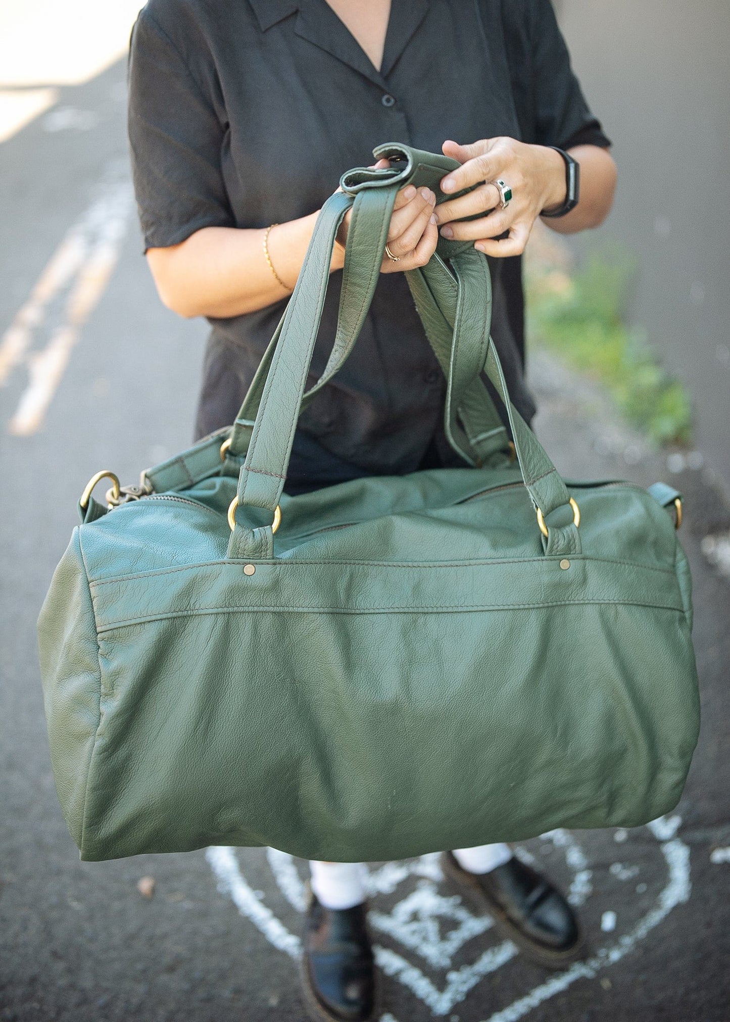 The Real McCaul Travel Bag Duffel Carry All Bag - Cowhide - Green Australian Made Australian Owned Large Overnight Travel Duffel Bag Leather Made in Australia