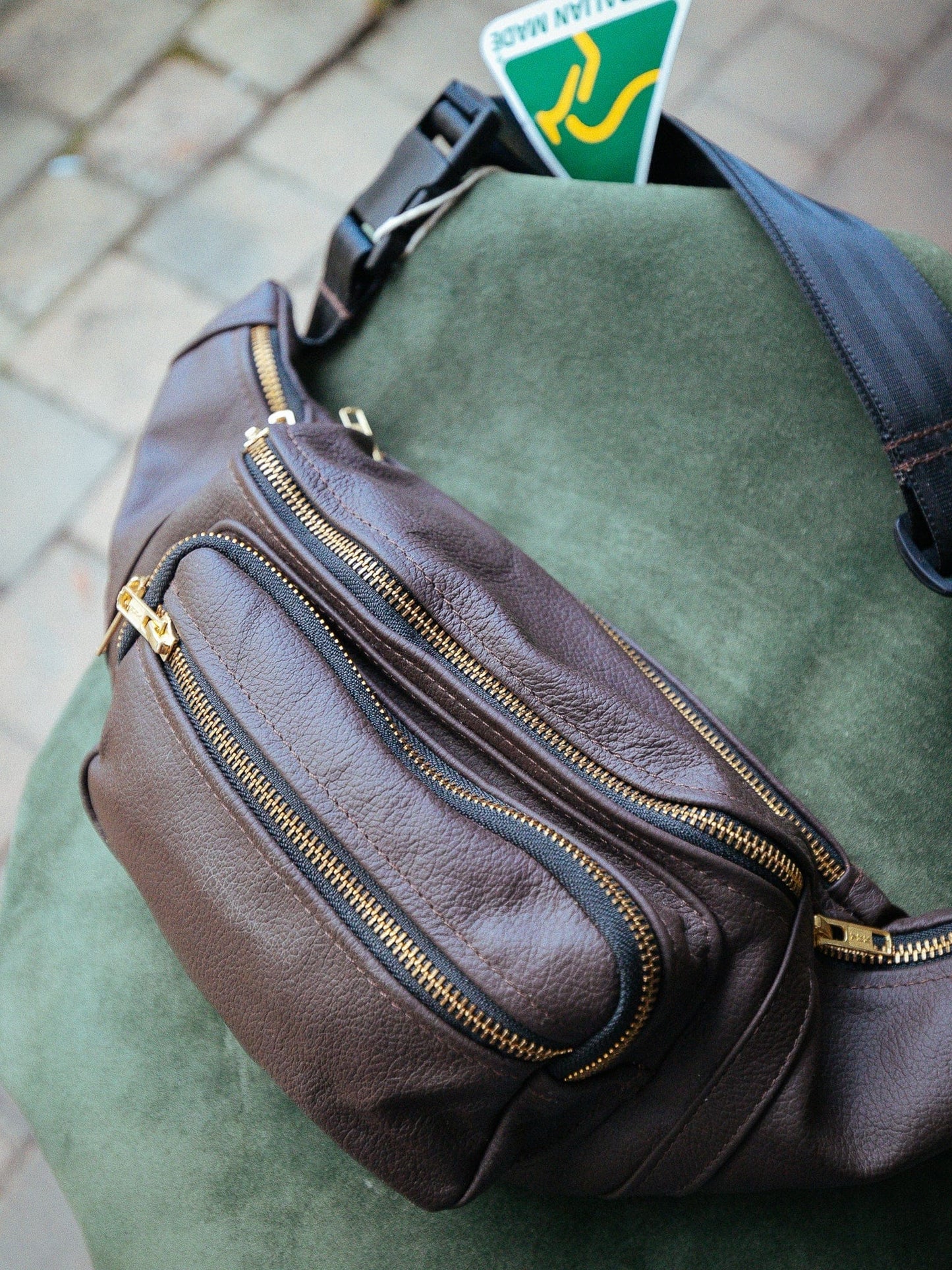 The Real McCaul Leathergoods Bum Bag Dark Brown / Brass / Small (26" - 34") Multi-Pocket Belt Bum Bag - Cowhide Australian Made Australian Owned Deluxe Leather Bum Bag Handmade in Australia YKK Zips