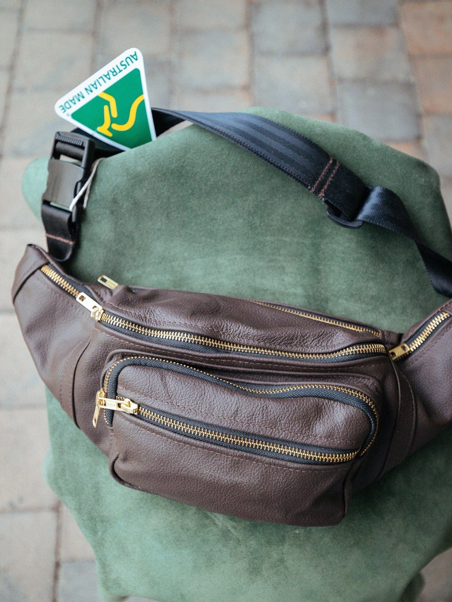 The Real McCaul Leathergoods Bum Bag Multi-Pocket Belt Bum Bag - Cowhide Australian Made Australian Owned Deluxe Leather Bum Bag Handmade in Australia YKK Zips