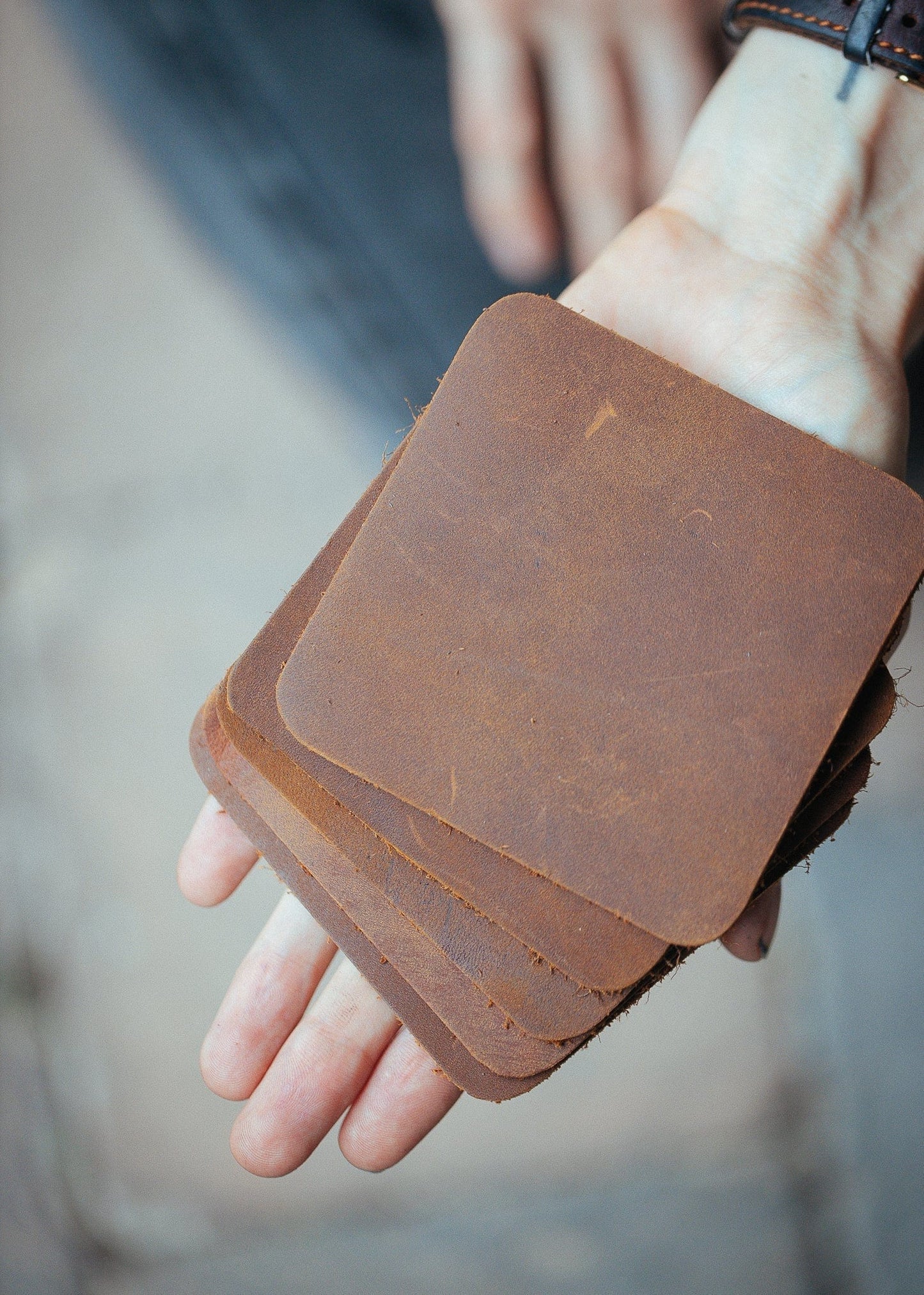 The Real McCaul Leathergoods Gift Tan / Square Rustic Coasters - Set of 6 Australian Made Australian Owned Leather Coaster Set (6) Made In Australia