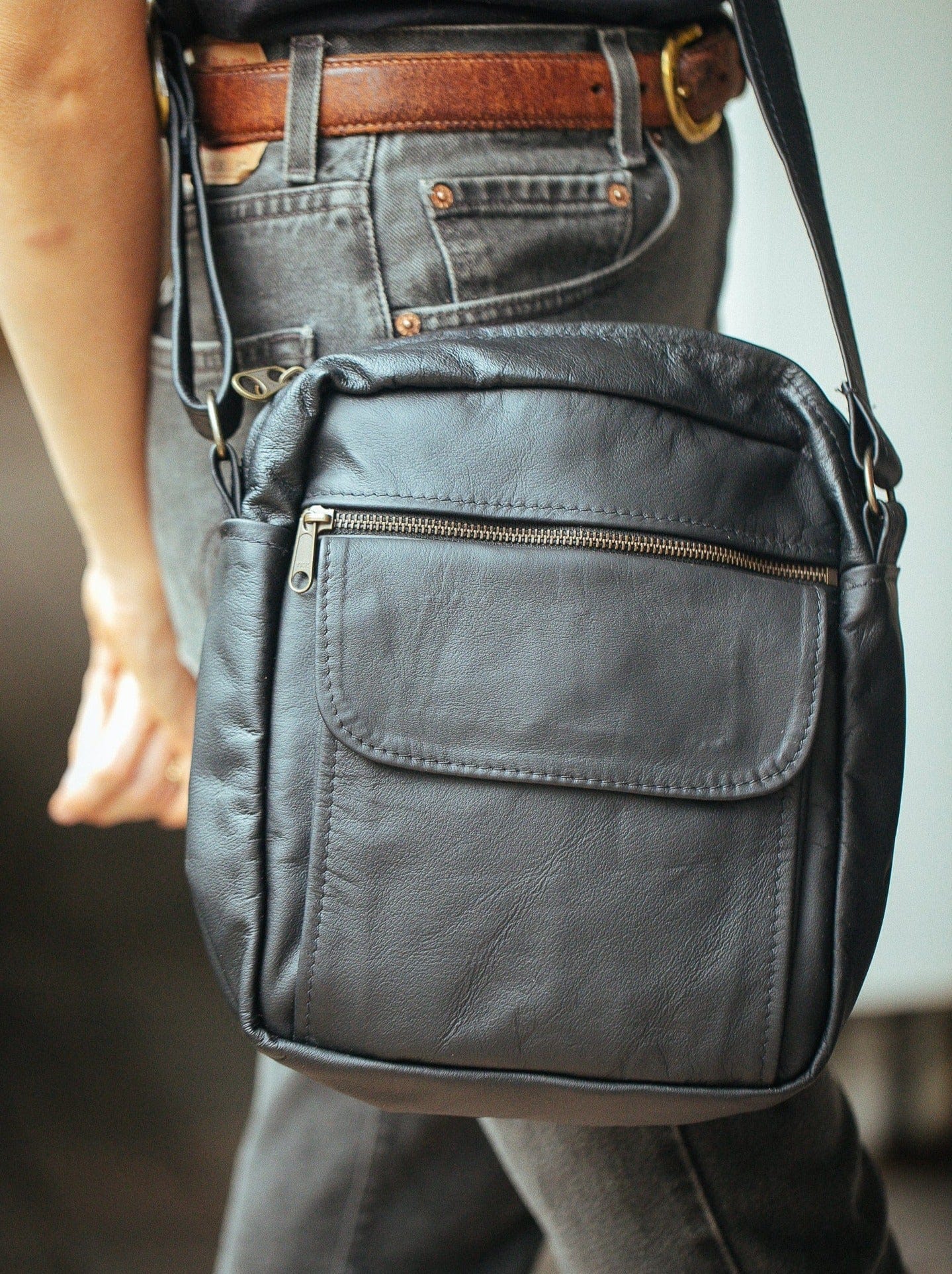 The Real McCaul Leathergoods Manbag Black / Kangaroo Sydney Crossbody Satchel Australian Made Australian Owned Sydney Manbag Leather- Made In Australia- YKK Zips