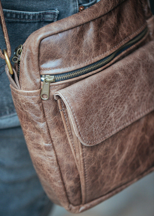 The Real McCaul Leathergoods Manbag Sydney Crossbody Satchel Australian Made Australian Owned Sydney Manbag Leather- Made In Australia- YKK Zips
