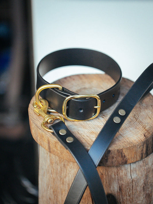 The Real McCaul Leathergoods Pet Collars & Harnesses Dog Collar & Leash Set - 38mm Wide - Black Australian Made Australian Owned Leather Dog Collar and Lead with Brass Fittings- Australian Made