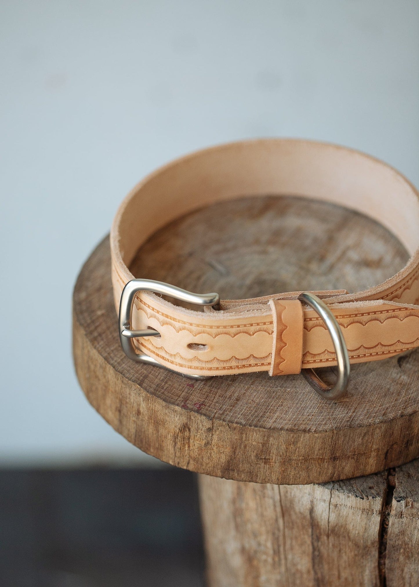 The Real McCaul Leathergoods Pet Collars & Harnesses Embossed Dog Collar - Scallop - 38mm - Natural Australian Made Australian Owned Leather Dog Collar with Brass Fittings- Australian Made