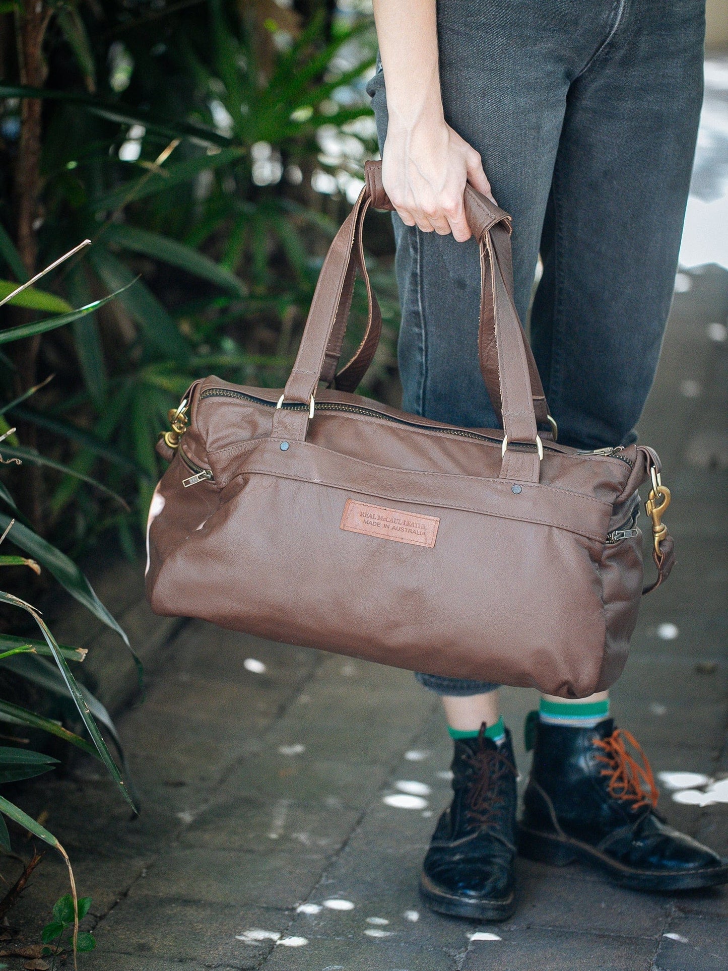 The Real McCaul Travel Bag Small Classic Overnight Travel Bag - Cowhide Australian Made Australian Owned Large Overnight Travel Duffel Bag Leather Made in Australia