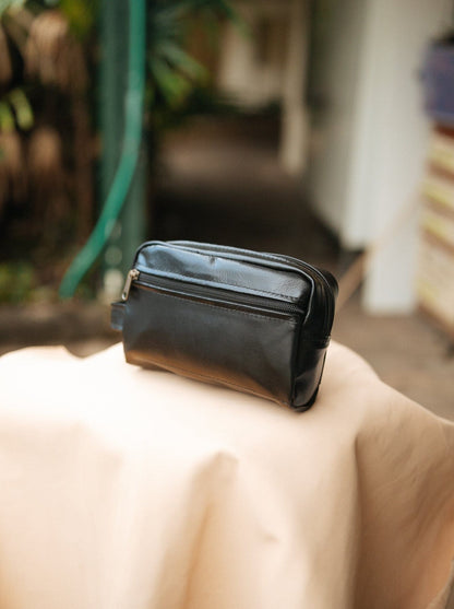 The Real McCaul Apparel & Accessories Black Small Toiletry Bathroom Bag - Kangaroo Australian Made Australian Owned Leather Australian Made Toiletry Dopp Kit Shaving Bathroom Bag - Cowhide - Men's Gifts