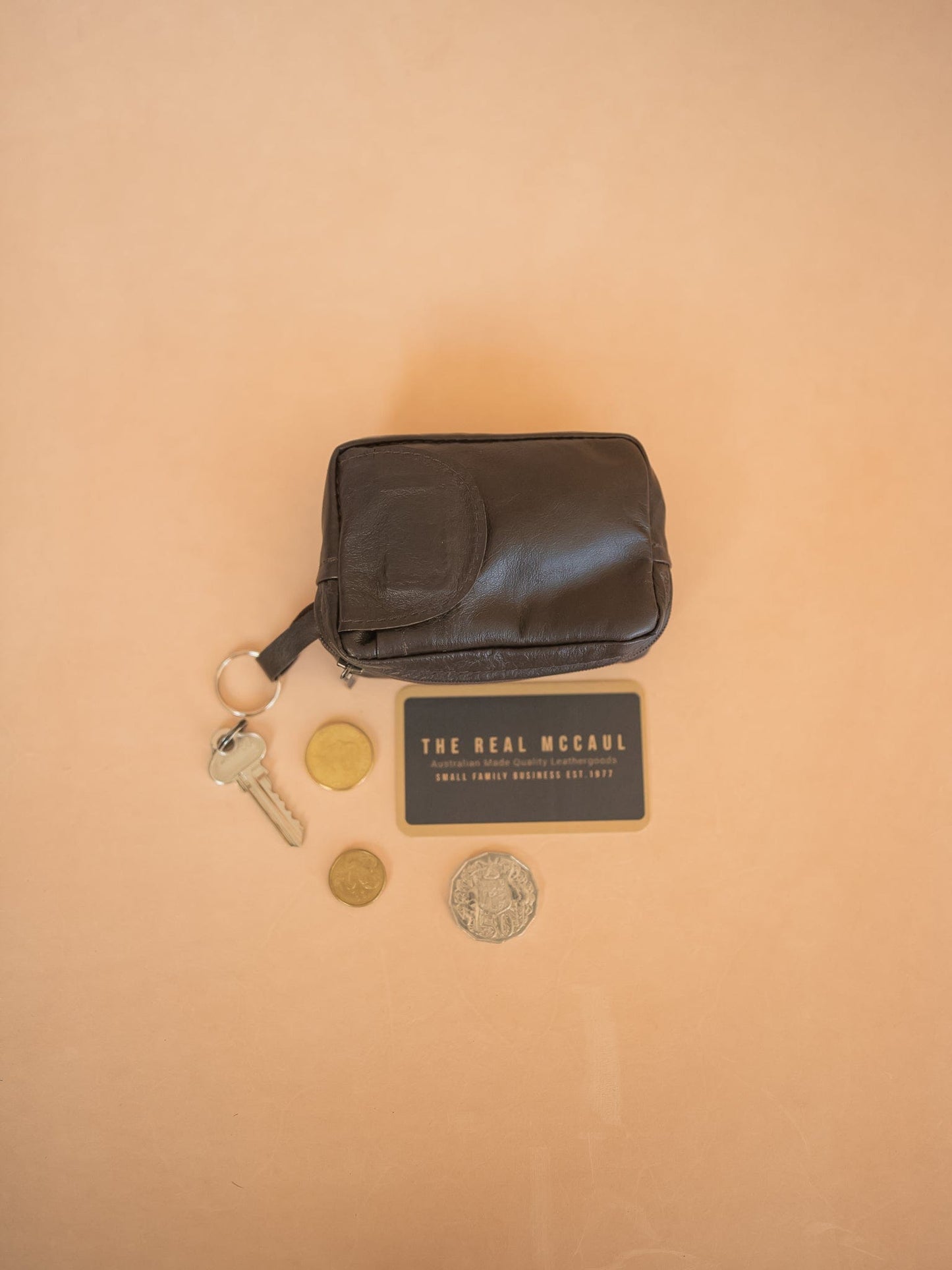 The Real McCaul Coin Purse Key Case Card Holder Wallet - Kangaroo Australian Made Australian Owned Tri-Pocket Leather Pouch 