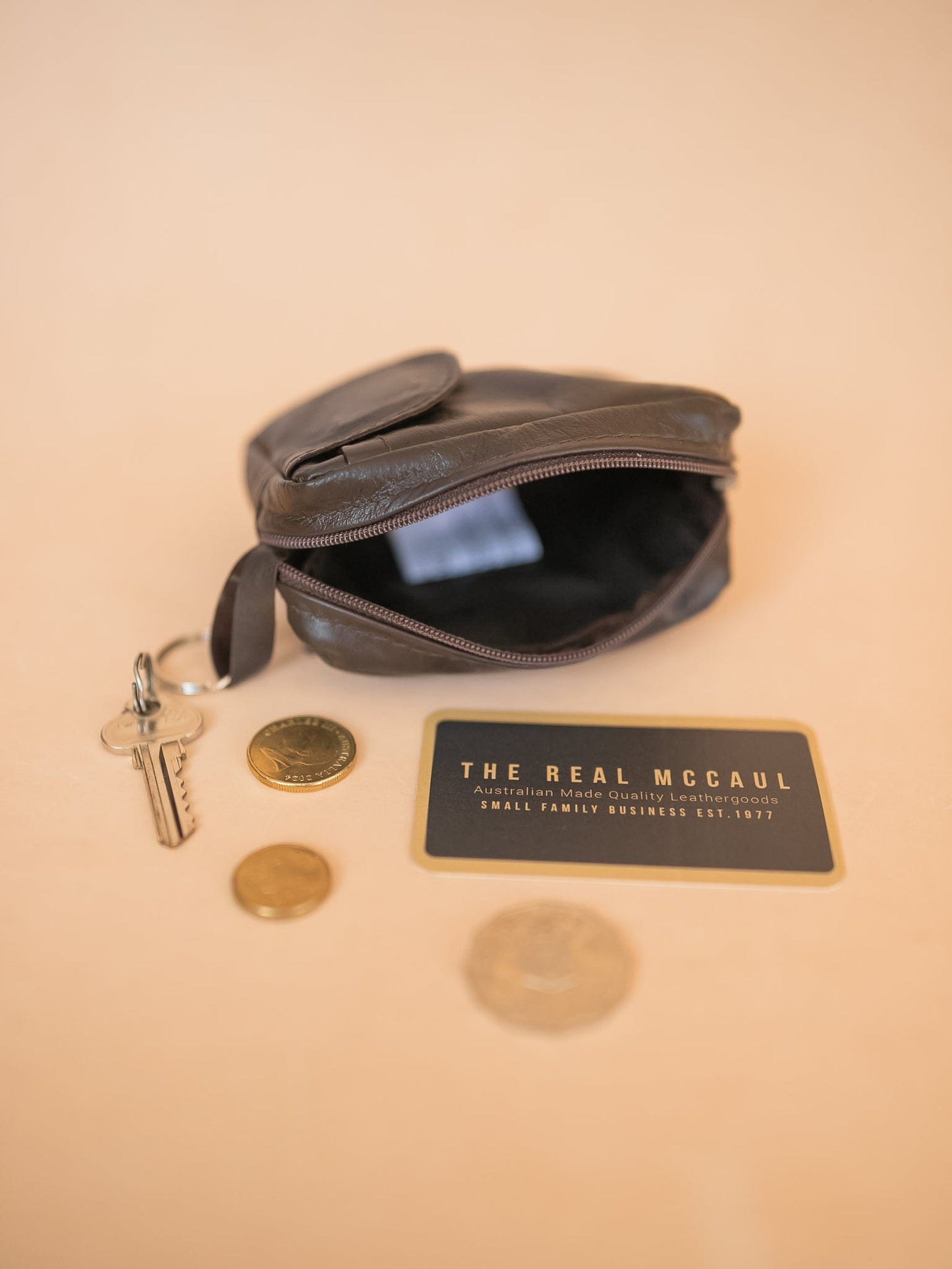 The Real McCaul Coin Purse Key Case Card Holder Wallet - Kangaroo Australian Made Australian Owned Tri-Pocket Leather Pouch 