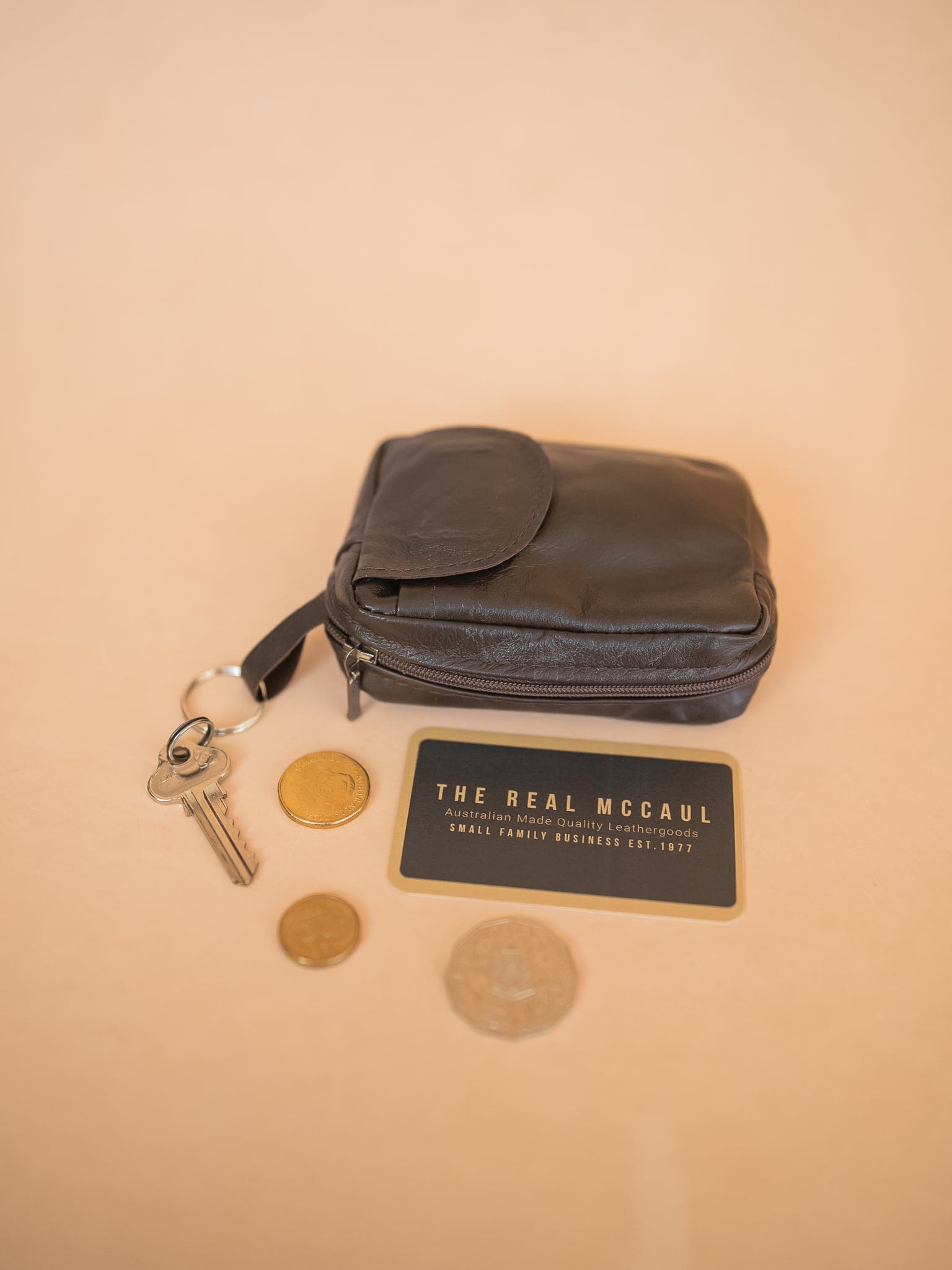 The Real McCaul Coin Purse Large / Dark Brown Key Case Card Holder Wallet - Kangaroo Australian Made Australian Owned Tri-Pocket Leather Pouch 