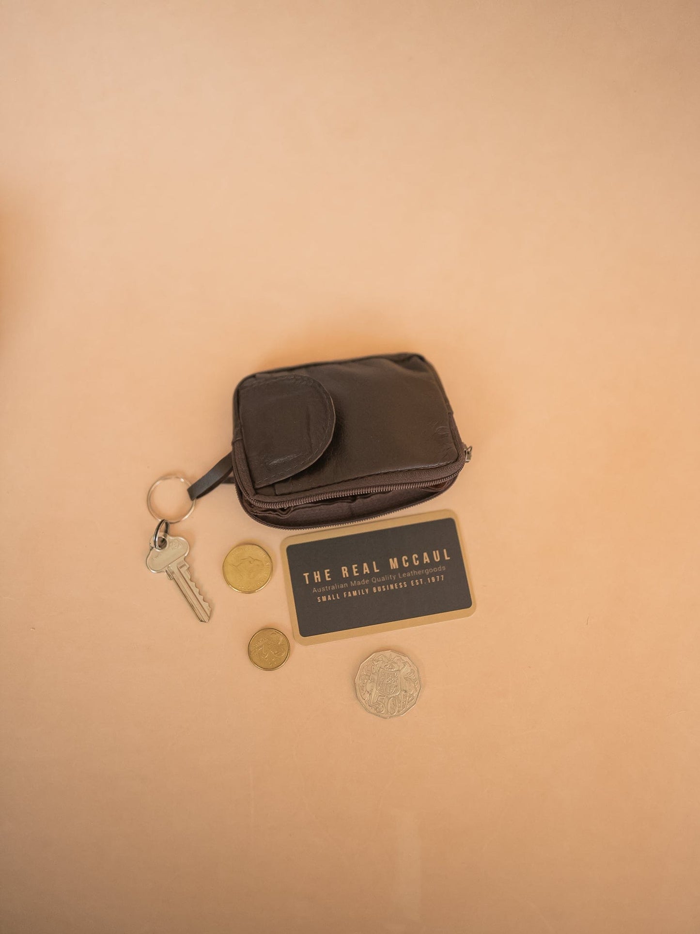 The Real McCaul Coin Purse Small / Dark Brown Key Case Card Holder Wallet - Kangaroo Australian Made Australian Owned Tri-Pocket Leather Pouch 