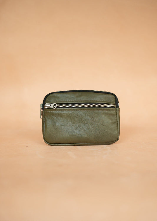 The Real McCaul Coin Purse Small / Olive green / Silver Parker Pouch - Kangaroo Australian Made Australian Owned Tri-Pocket Leather Pouch 