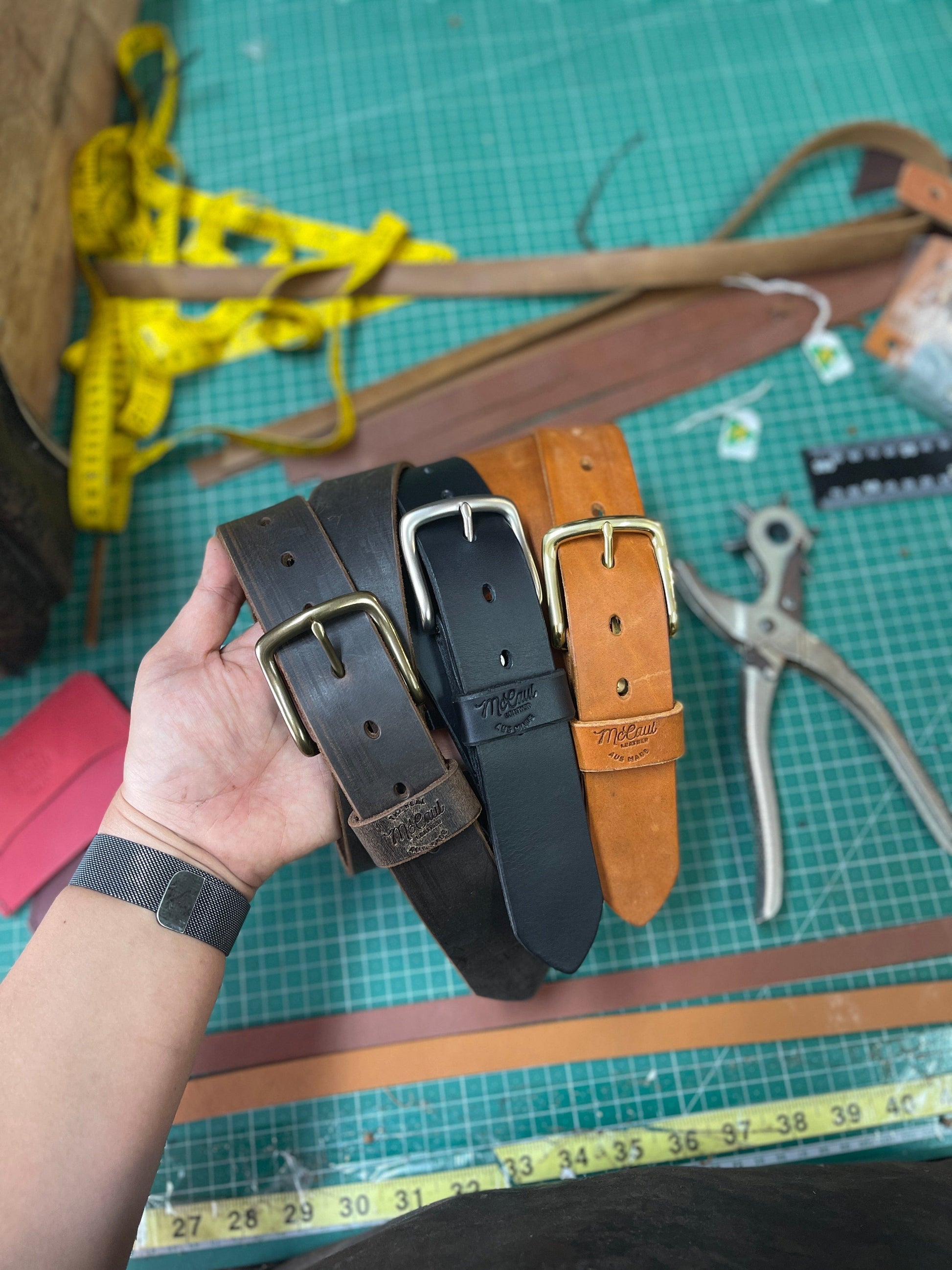 The Real McCaul Leathergoods Belts Legacy Belt 38mm - Tan Australian Made Australian Owned Solid Leather Men's Belt - Handmade in Australia - Black - Brass Buckle