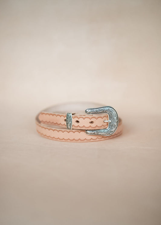 The Real McCaul Leathergoods Belts Western Style Narrow 25mm Embossed Belt Australian Made Australian Owned Australian Made 25mm Narrow Leather Belt - Tan