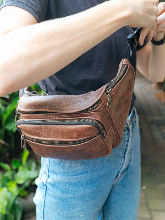 The Real McCaul Leathergoods Bum Bag Multi-Pocket Belt Bum Bag - Cowhide Australian Made Australian Owned Deluxe Leather Bum Bag Handmade in Australia YKK Zips
