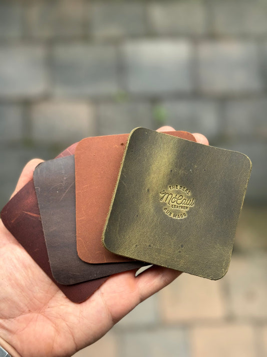 The Real McCaul Leathergoods Gift Mixed / Logo Rustic Coasters - Square - Set of 6 Australian Made Australian Owned Leather Coaster Set (6) Made In Australia