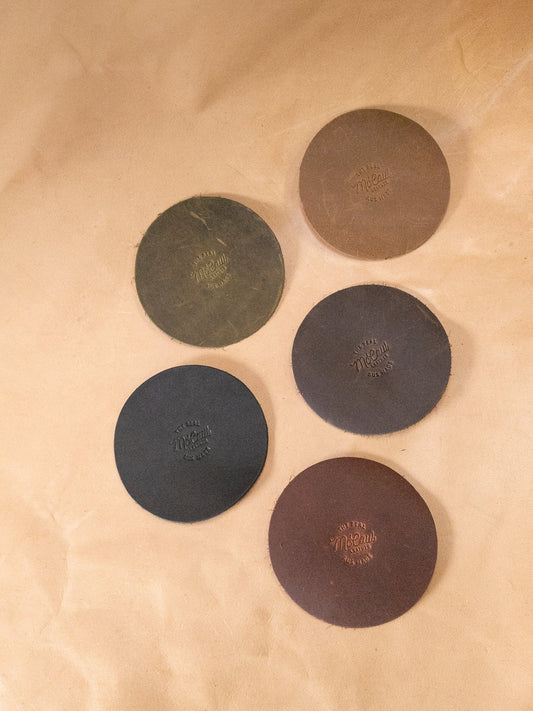 The Real McCaul Leathergoods Gift Rustic Coasters - Round - Set of 6 Australian Made Australian Owned Leather Coaster Set (6) Made In Australia