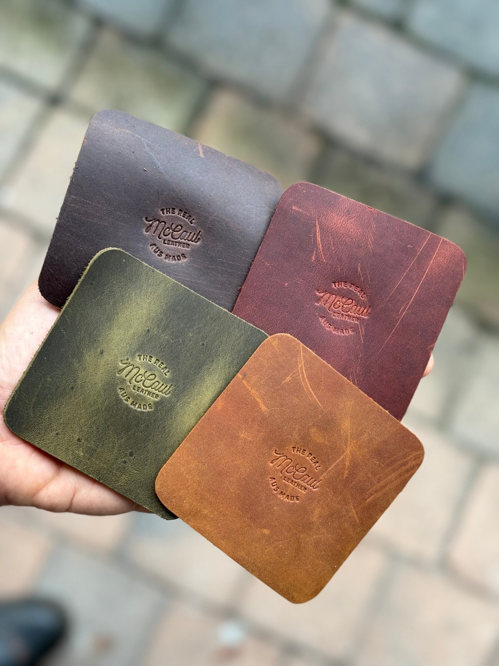 The Real McCaul Leathergoods Gift Rustic Coasters - Square - Set of 6 Australian Made Australian Owned Leather Coaster Set (6) Made In Australia