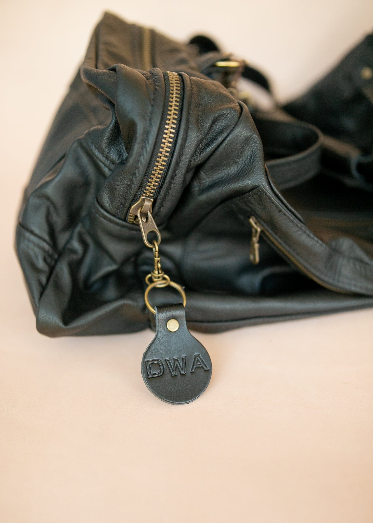The Real McCaul Leathergoods Keyring Black / Brass Personalised Initials Keyring Bag Charm - Large Australian Made Australian Owned Personalised Leather Keyring Key Chain Bag Accessory Bag Charm Leather Made in Australia