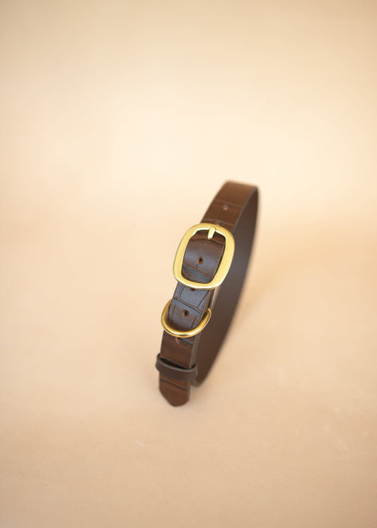The Real McCaul Leathergoods Pet Collars & Harnesses Embossed Dog Collar - Croc Print - 25mm - Dark Brown Australian Made Australian Owned Leather Dog Collar with Brass Fittings- Australian Made