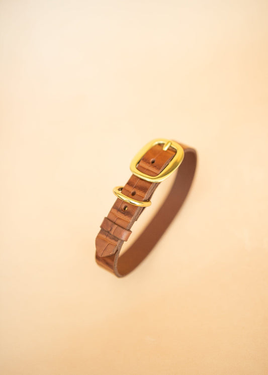 The Real McCaul Leathergoods Pet Collars & Harnesses Embossed Dog Collar - Croc Print - 25mm - Tan Australian Made Australian Owned Leather Dog Collar with Brass Fittings- Australian Made