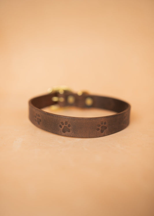 The Real McCaul Leathergoods Pet Collars & Harnesses Printed Paw Dog Collar - 25mm - Rustic Brown Australian Made Australian Owned Leather Dog Collar with Brass Fittings- Australian Made