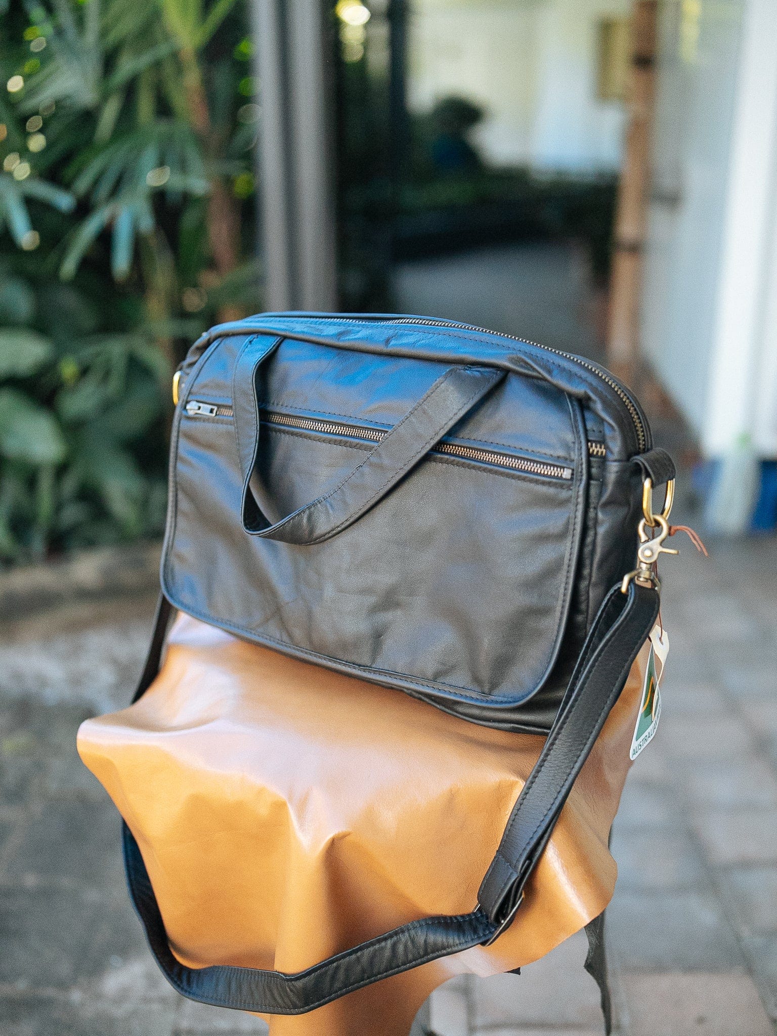 The Real McCaul Leathergoods Shoulder Bags Brass Jack Satchel - Cowhide - Black Australian Made Australian Owned Jack Laptop Leather Travel Satchel Briefcase- Made In Australia