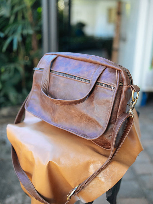 The Real McCaul Leathergoods Shoulder Bags Brass Jack Satchel - Cowhide - Premium Marble Brown Australian Made Australian Owned Jack Laptop Leather Travel Satchel Briefcase- Made In Australia