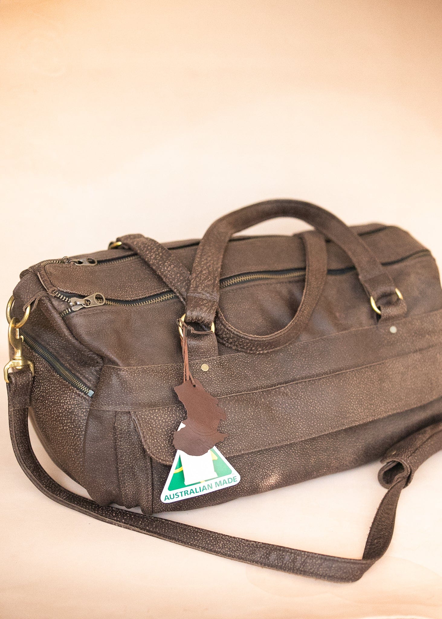 The Real McCaul Travel Bag Classic Overnight Travel Bag - Cowhide - Mottle Brown Australian Made Australian Owned Large Overnight Travel Duffel Bag Leather Made in Australia