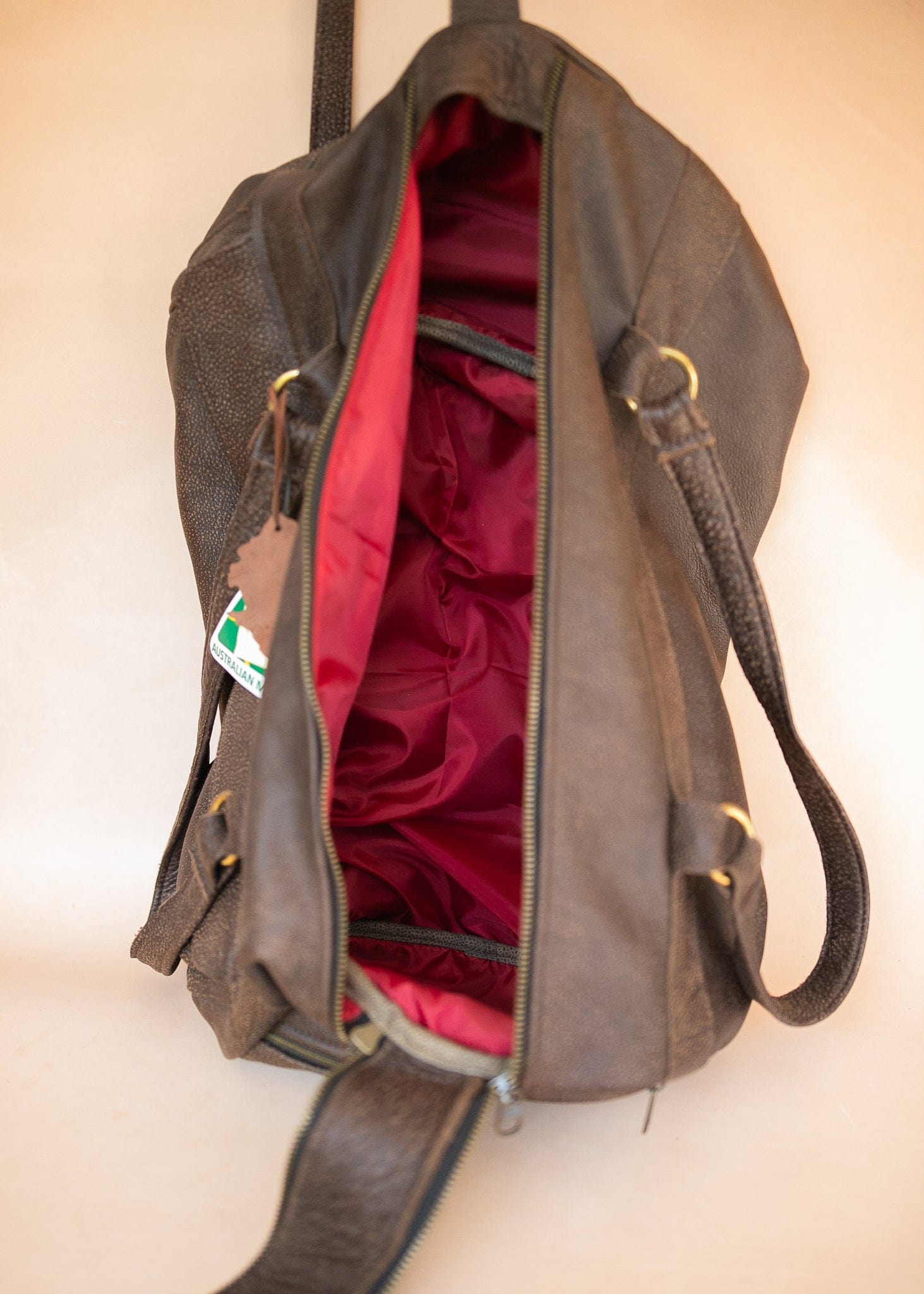 The Real McCaul Travel Bag Classic Overnight Travel Bag - Cowhide - Mottle Brown Australian Made Australian Owned Large Overnight Travel Duffel Bag Leather Made in Australia