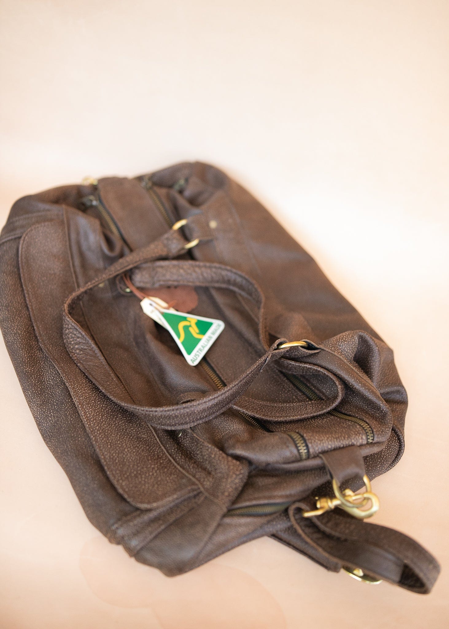 The Real McCaul Travel Bag Classic Overnight Travel Bag - Cowhide - Mottle Brown Australian Made Australian Owned Large Overnight Travel Duffel Bag Leather Made in Australia