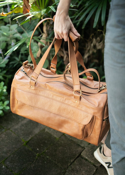 The Real McCaul Travel Bag Classic Overnight Travel Bag - Cowhide - Tan Australian Made Australian Owned Large Overnight Travel Duffel Bag Leather Made in Australia