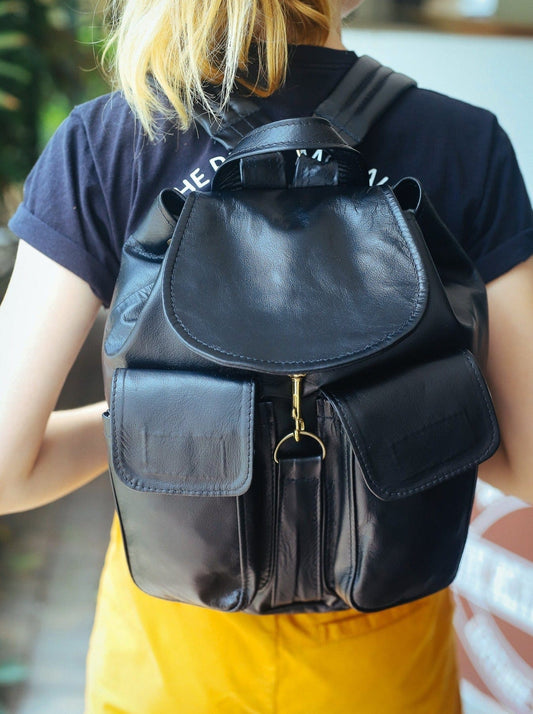 The Real McCaul Back Packs Black (Shiny) / Kangaroo Pocket Backpack - Medium - Kangaroo Australian Made Australian Owned Medium Pocket Leather Backpack- Made in Australia 