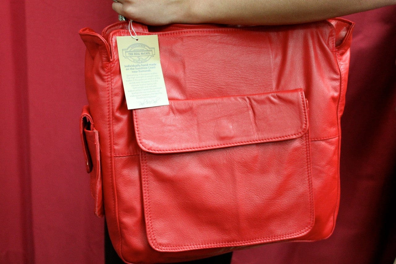 The Real McCaul Handbags Cowhide / Red Polly Handbag Australian Made Australian Owned Partition Leather Handbag- Kangaroo & Cowhide Australian Made