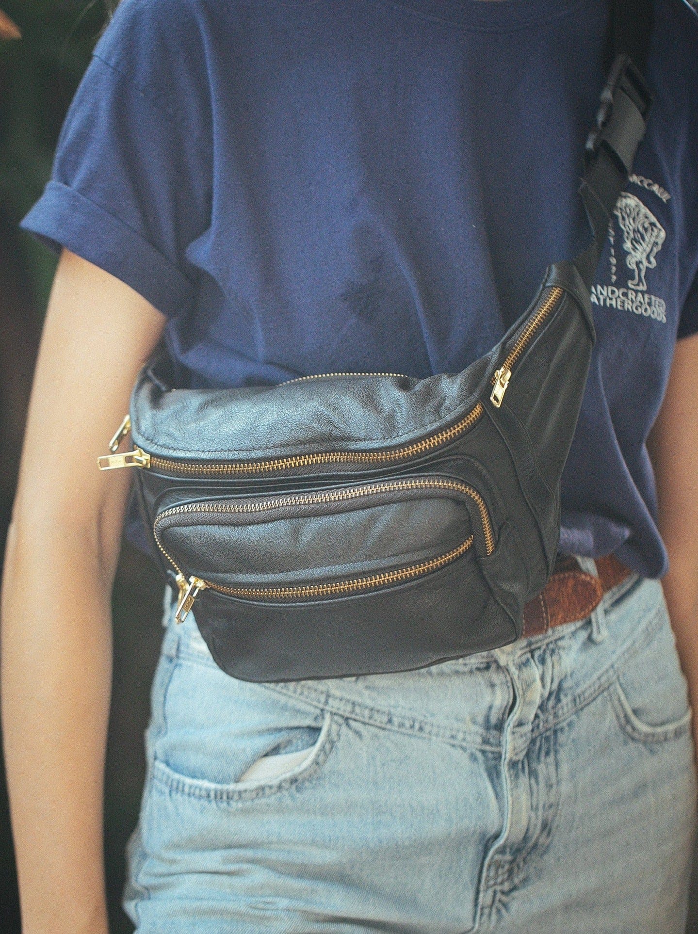The Real McCaul Leathergoods Bum Bag Black / Brass / Small (26" - 34") Multi-Pocket Belt Bum Bag - Cowhide Australian Made Australian Owned Deluxe Leather Bum Bag Handmade in Australia YKK Zips