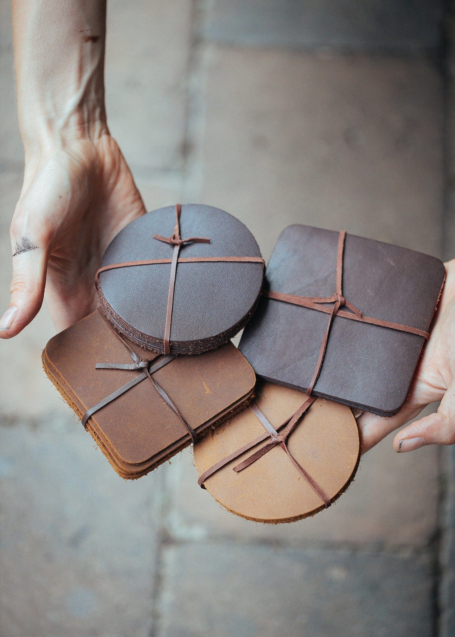 The Real McCaul Leathergoods Gift Rustic Coasters - Set of 6 Australian Made Australian Owned Leather Coaster Set (6) Made In Australia