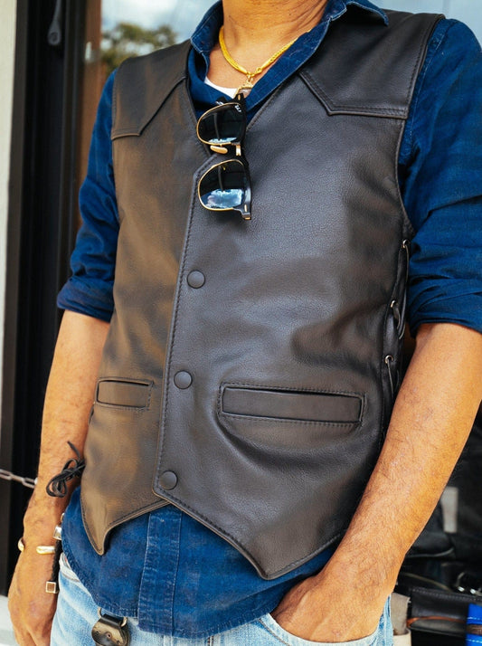 The Real McCaul Leathergoods Jackets Classic Lace Up Motorcycle Vest - Men's - Black Australian Made Australian Owned Lace-Up Leather Motorcycle Vest in Cowhide- Australian Made
