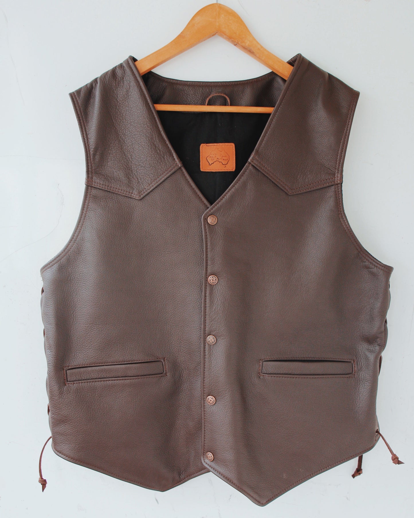 The Real McCaul Leathergoods Jackets Classic Lace Up Motorcycle Vest - Men's - Brown Australian Made Australian Owned Lace-Up Leather Motorcycle Vest in Cowhide- Australian Made