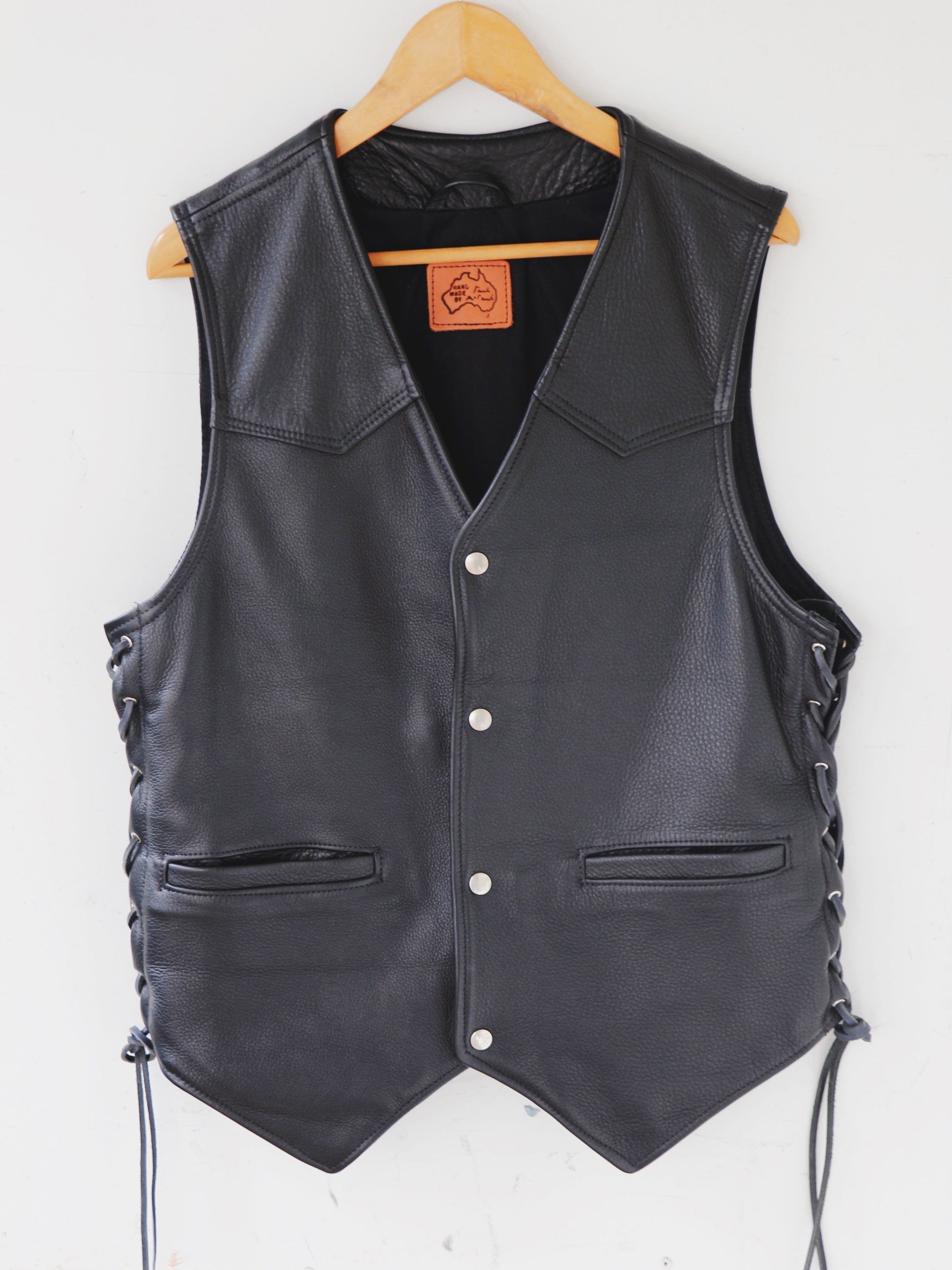 The Real McCaul Leathergoods Jackets Small Classic Lace Up Motorcycle Vest - Men's - Black Australian Made Australian Owned Lace-Up Leather Motorcycle Vest in Cowhide- Australian Made