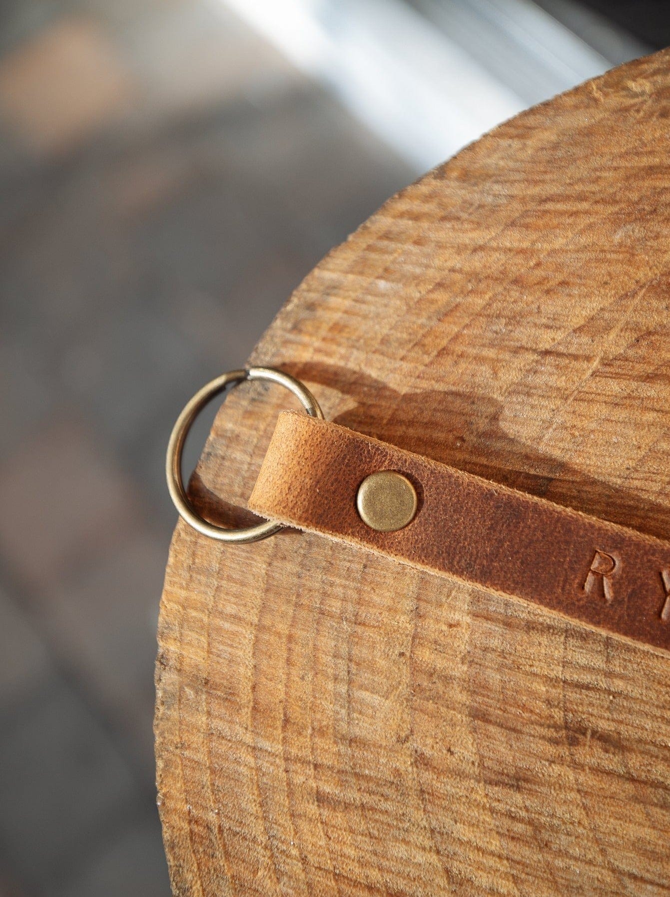 The Real McCaul Leathergoods Keyring Distressed / Antique Brass Personalised Leather Name KeyRing Australian Made Australian Owned Personalised Leather Name Keyring Australian Made