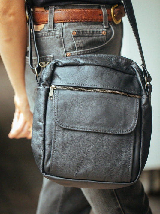 The Real McCaul Leathergoods Manbag Black / Kangaroo Sydney Crossbody Satchel Australian Made Australian Owned Sydney Manbag Leather- Made In Australia- YKK Zips