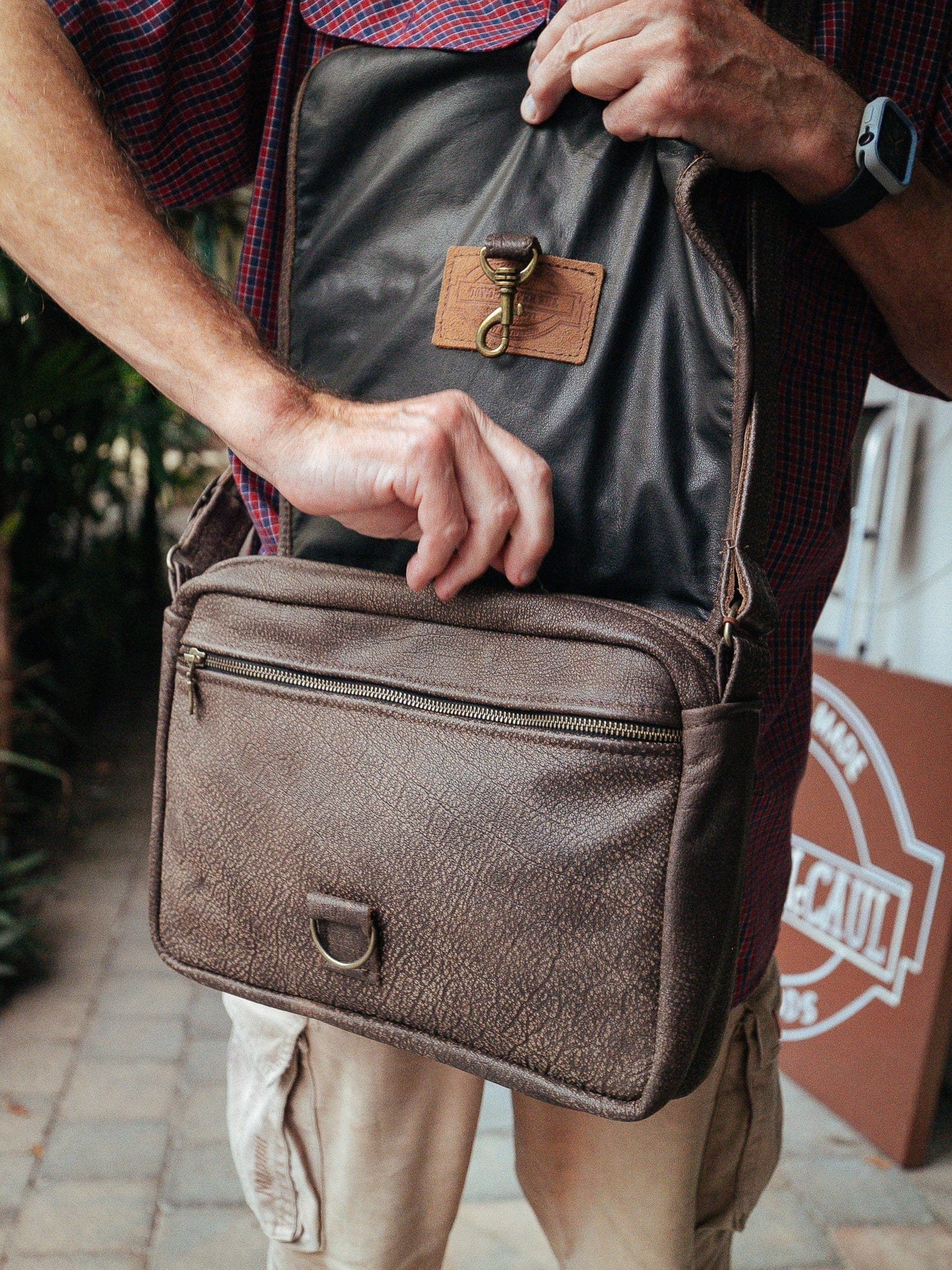 The Real McCaul Leathergoods Mottle Brown / With Hooks Zeuss Satchel - Cowhide Australian Made Australian Owned Men's Leather Satchel Made In Australia- Laptop/iPad