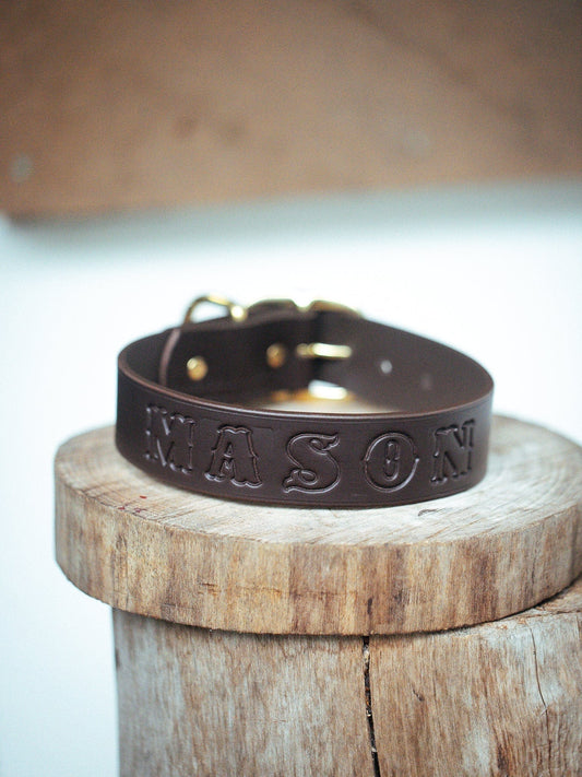 The Real McCaul Leathergoods Personalised Dog Collar 38mm Wide - Dark Brown Australian Made Australian Owned Leather Dog Collar with Brass Fittings- Australian Made