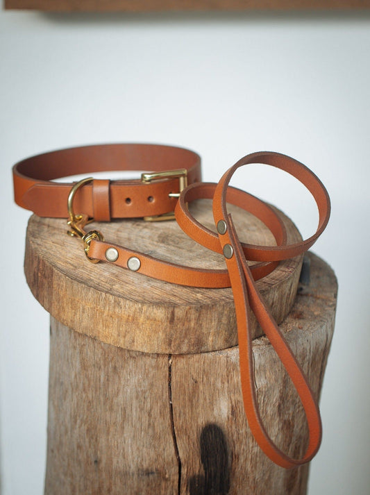 The Real McCaul Leathergoods Pet Collars & Harnesses Dog Collar & Leash Set - 30mm Wide - Tan Australian Made Australian Owned Leather Dog Collar and Lead with Brass Fittings- Australian Made